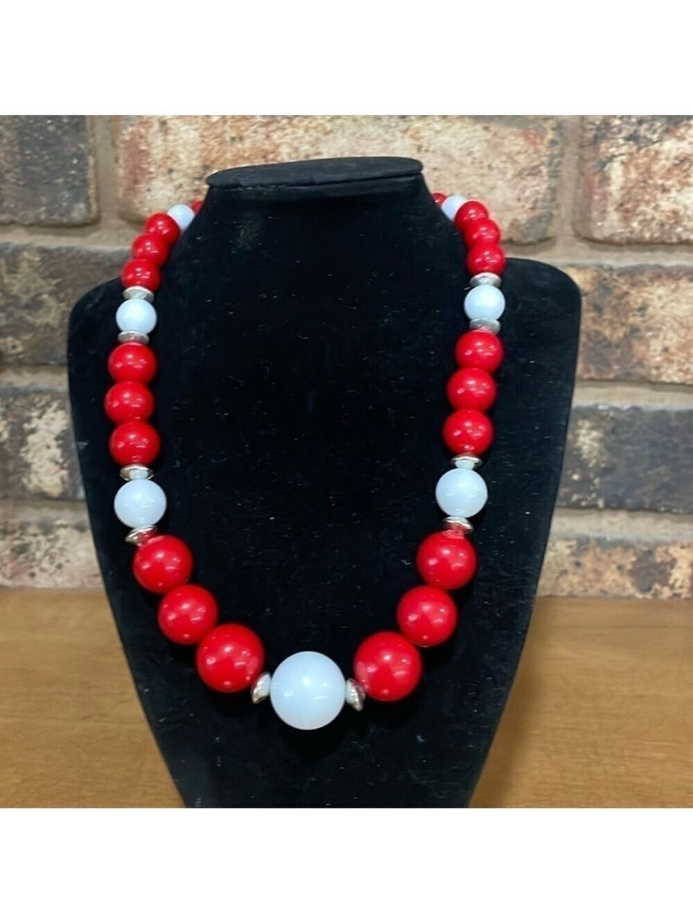 Vintage Red, White and Silver beaded necklace
